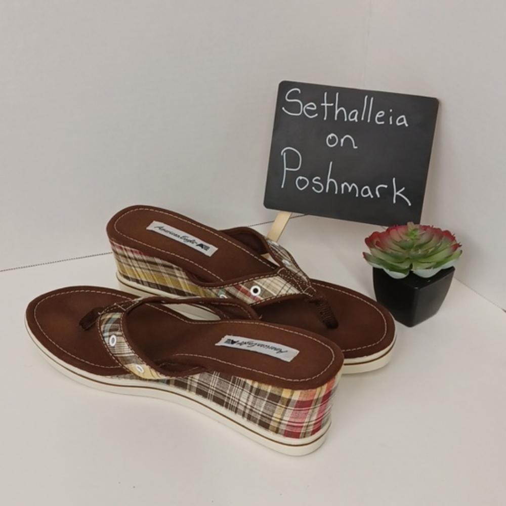 American Eagle Wedge Flip Flop Plaid Summer Shoe Womens Sz 10